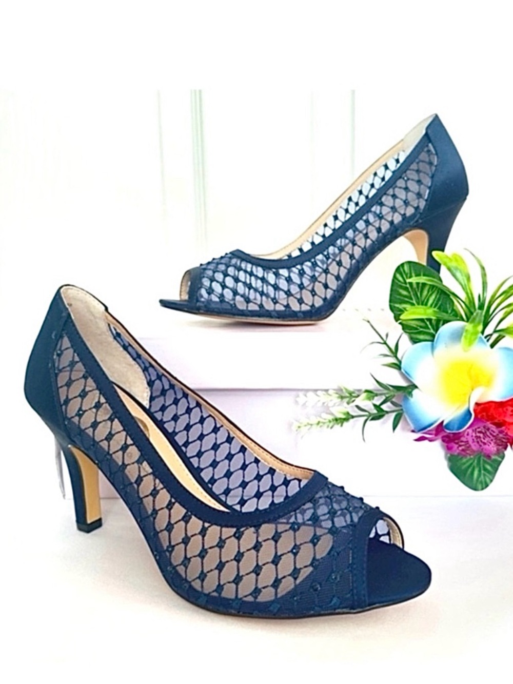 NINA ~ Navy Blue Peep-Toe See-Through Mesh and Sparkle 3.5” Heels size 8.5